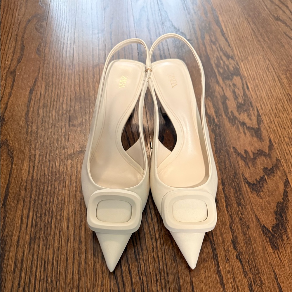 ZARA White Slingback Pointed Toe Heels | Size 38